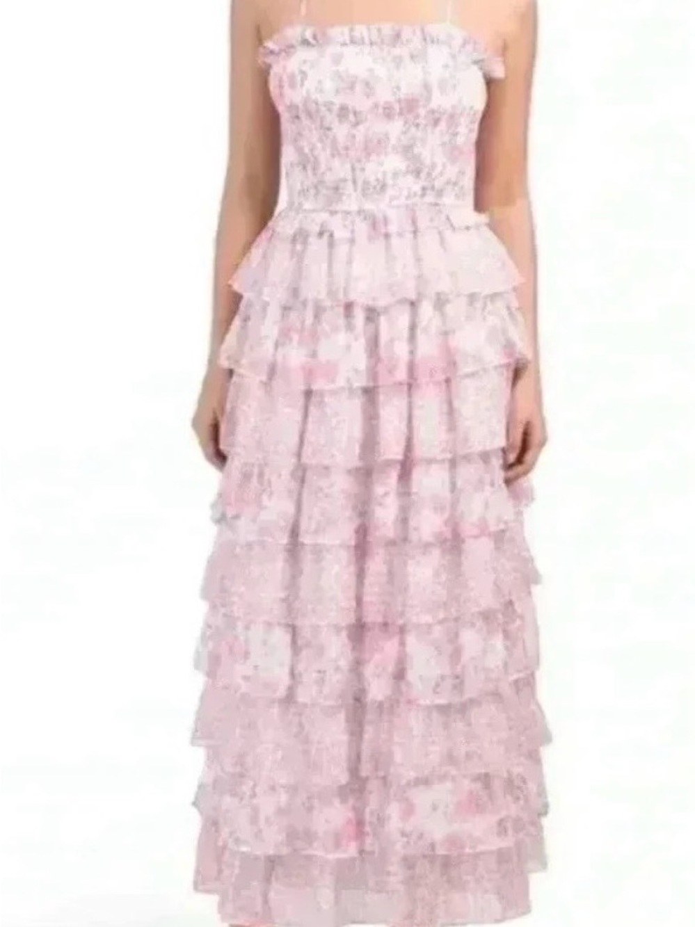 Dalia MacPhee Pink Floral Tiered Ruffle Maxi Dress